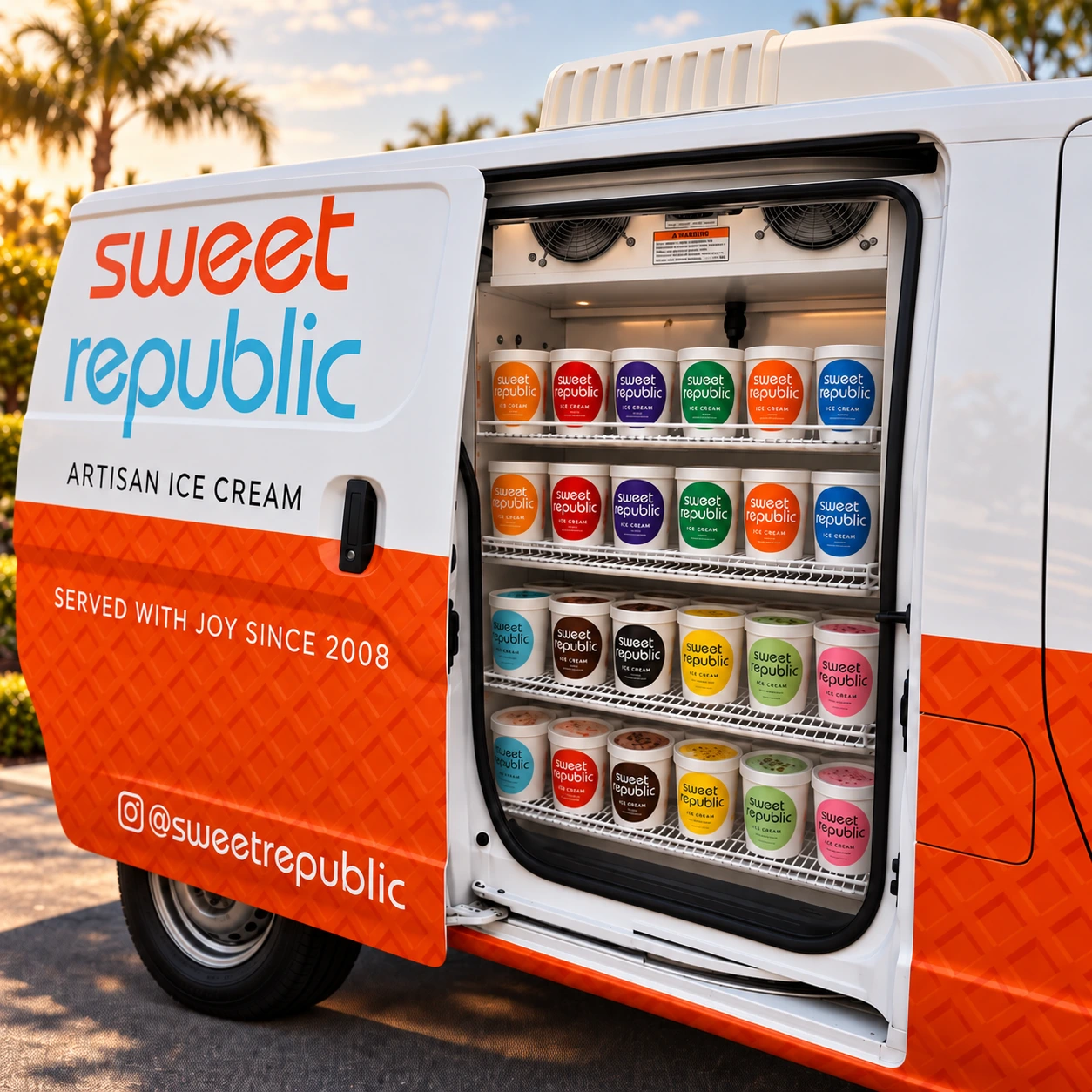 Sweet Republic ice cream van open to shelves of pints ready for catering