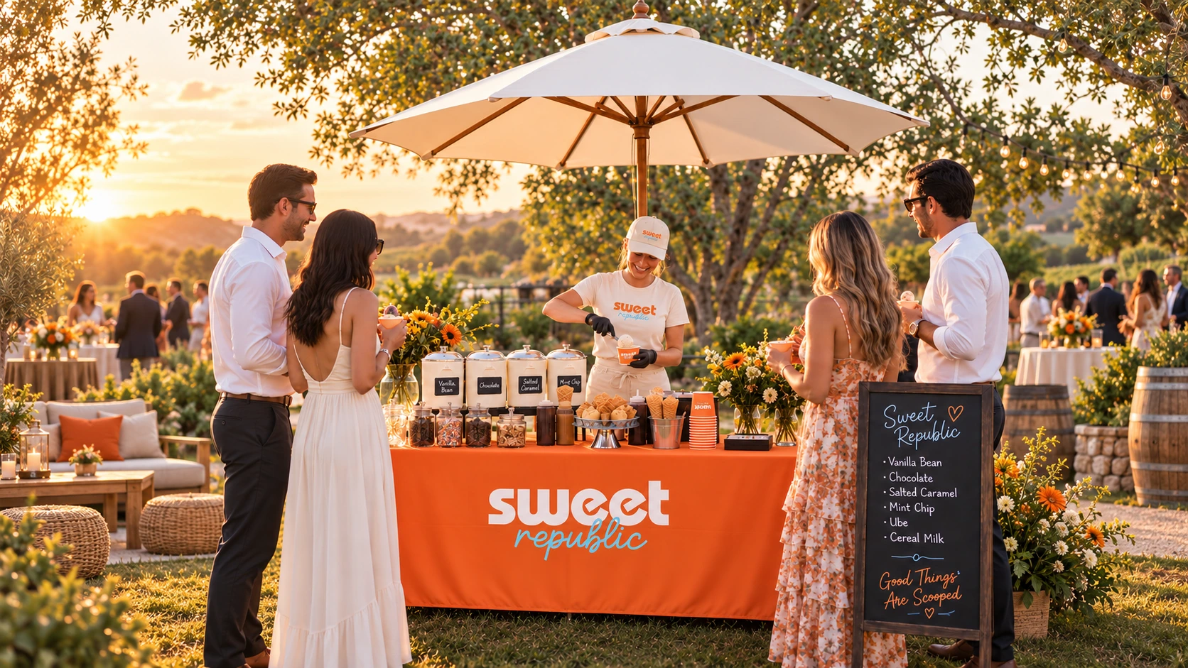 Party dessert table with Sweet Republic ice cream scoops, cones and toppings