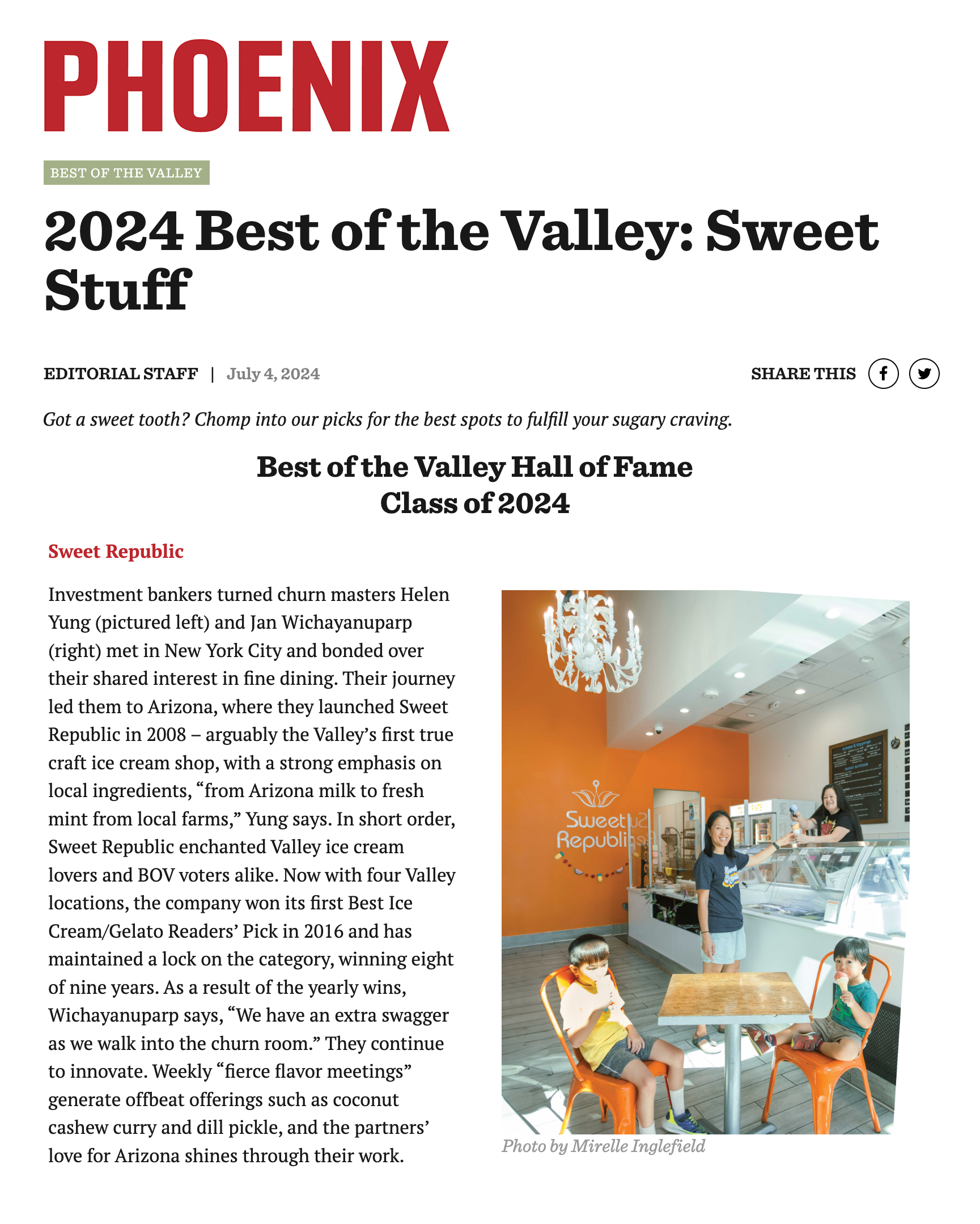 Phoenix Magazine Best of the Valley 2024 feature on Sweet Republic